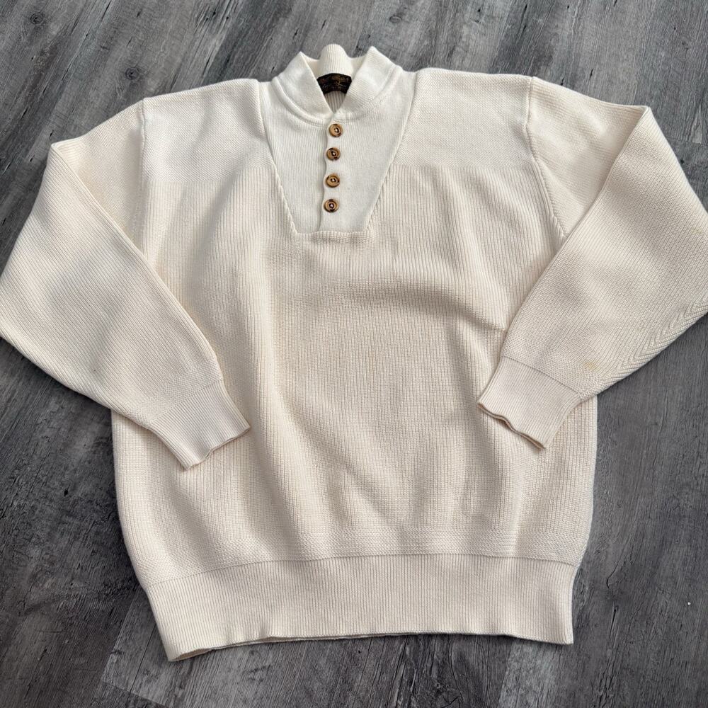 Vtg Eddie Bauer Sweater Mens XLT Tall Beige Ribbed Henley Fisherman 100% Cotton